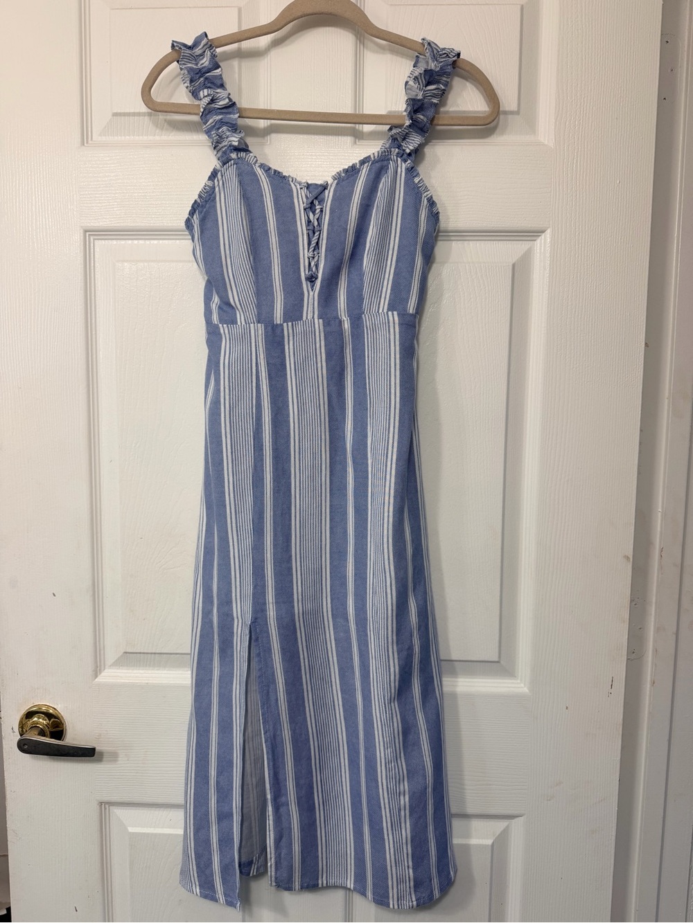 Japna Blue and White Striped Midi Dress with Ruffle Straps
